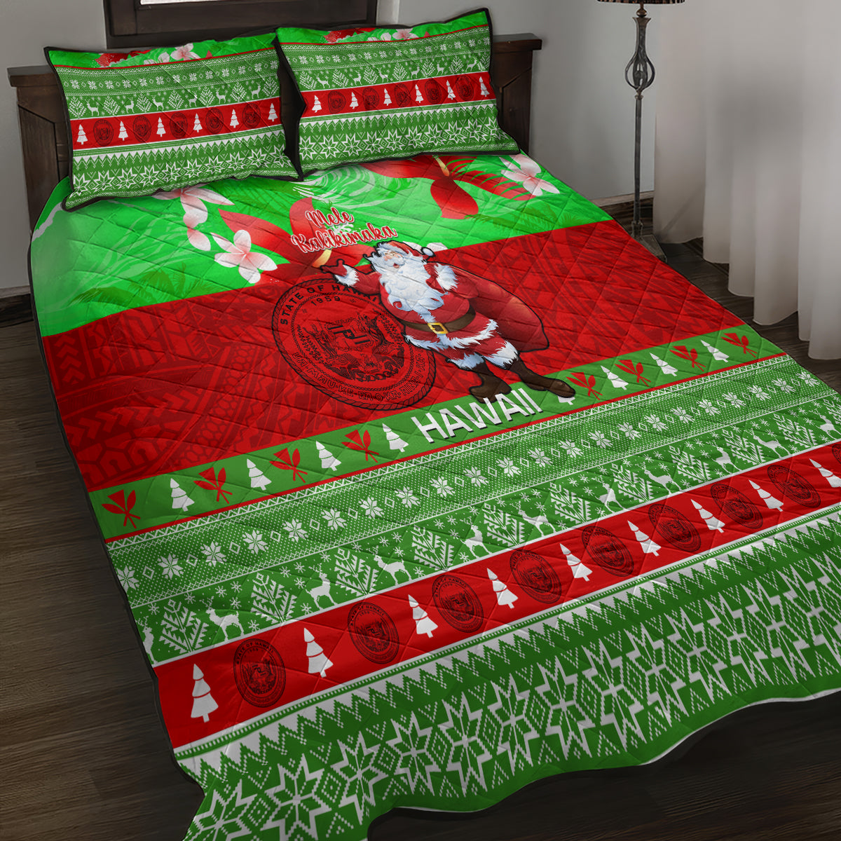 Personalised Hawaii Christmas Quilt Bed Set Mele Kalikimaka Hawaiian Santa Tropical Vibes - Wonder Print Shop