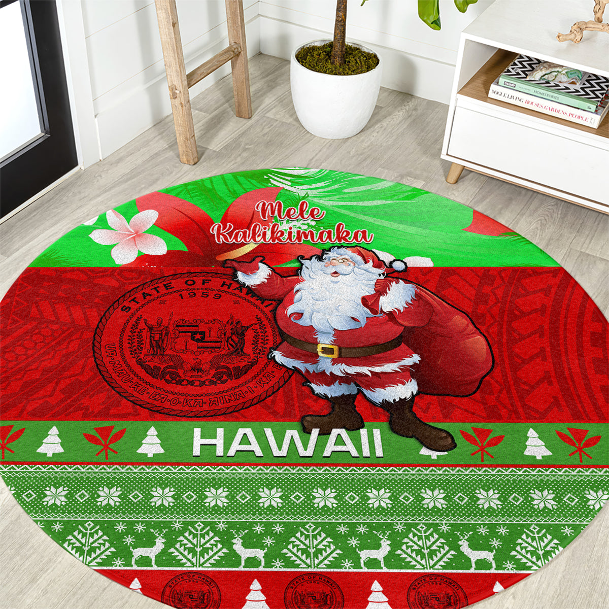 personalised-hawaii-christmas-round-carpet-mele-kalikimaka-hawaiian-santa-tropical-vibes