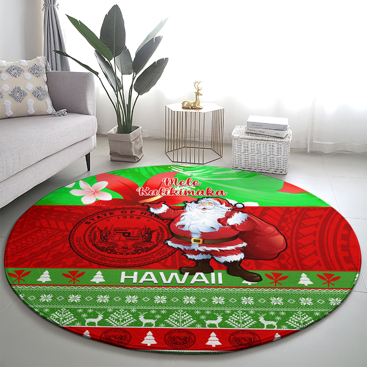 personalised-hawaii-christmas-round-carpet-mele-kalikimaka-hawaiian-santa-tropical-vibes