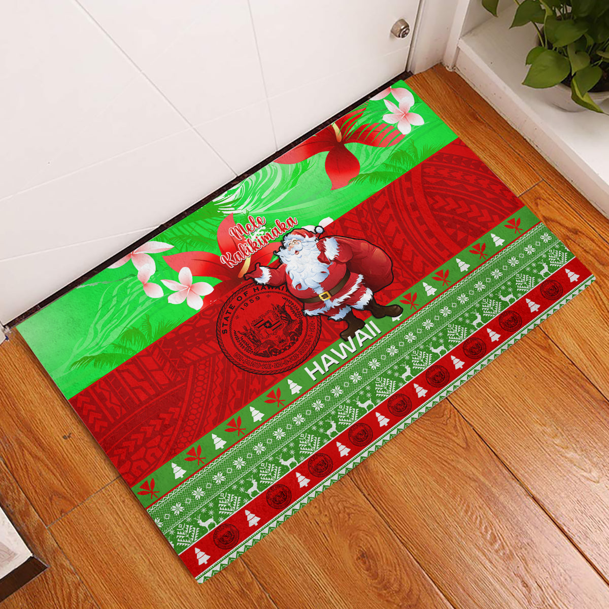 Personalised Hawaii Christmas Rubber Doormat Mele Kalikimaka Hawaiian Santa Tropical Vibes - Wonder Print Shop