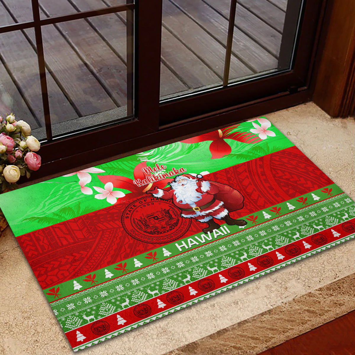 Personalised Hawaii Christmas Rubber Doormat Mele Kalikimaka Hawaiian Santa Tropical Vibes - Wonder Print Shop