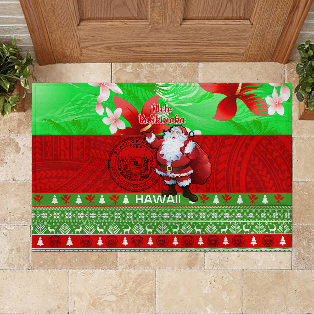 Personalised Hawaii Christmas Rubber Doormat Mele Kalikimaka Hawaiian Santa Tropical Vibes - Wonder Print Shop