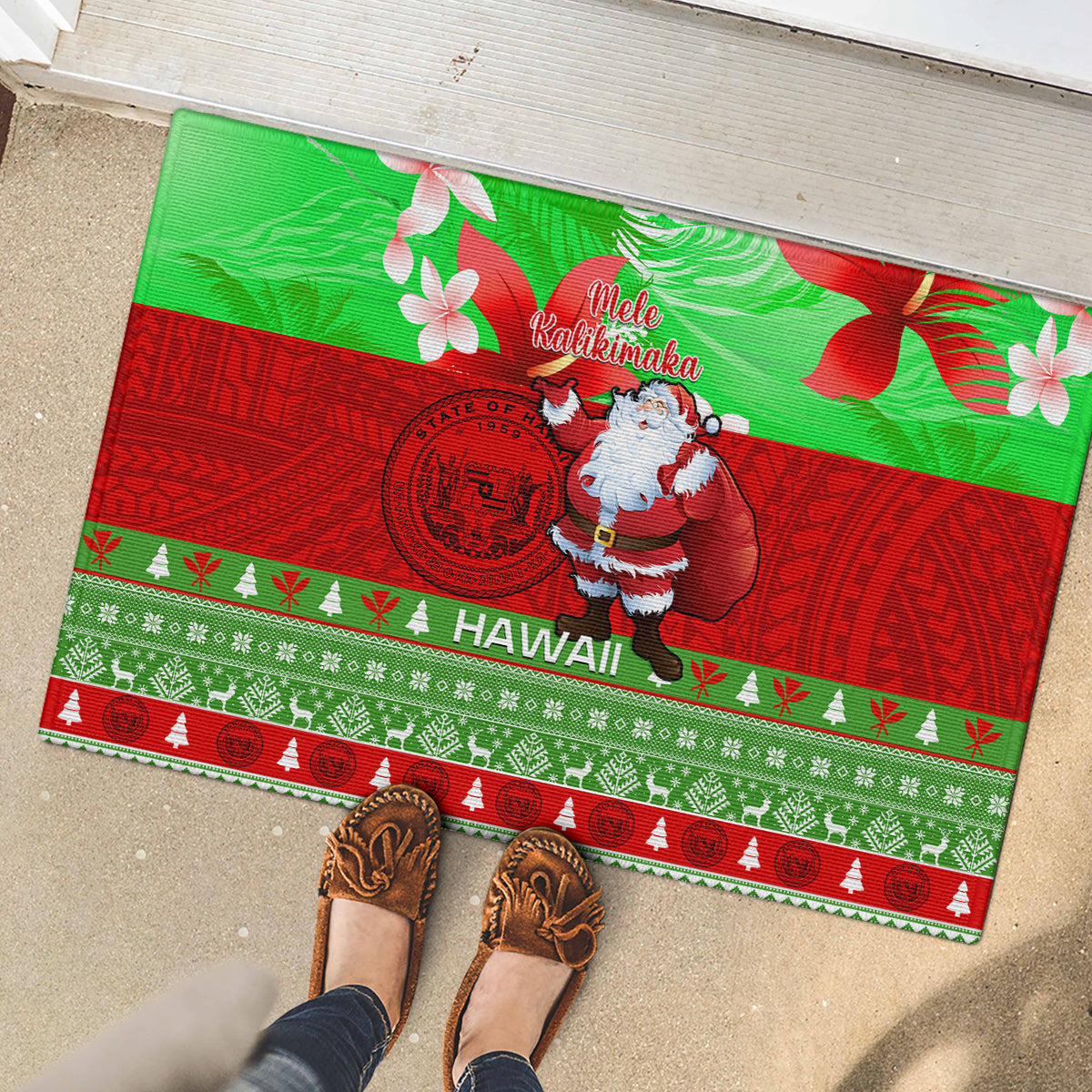 Personalised Hawaii Christmas Rubber Doormat Mele Kalikimaka Hawaiian Santa Tropical Vibes - Wonder Print Shop