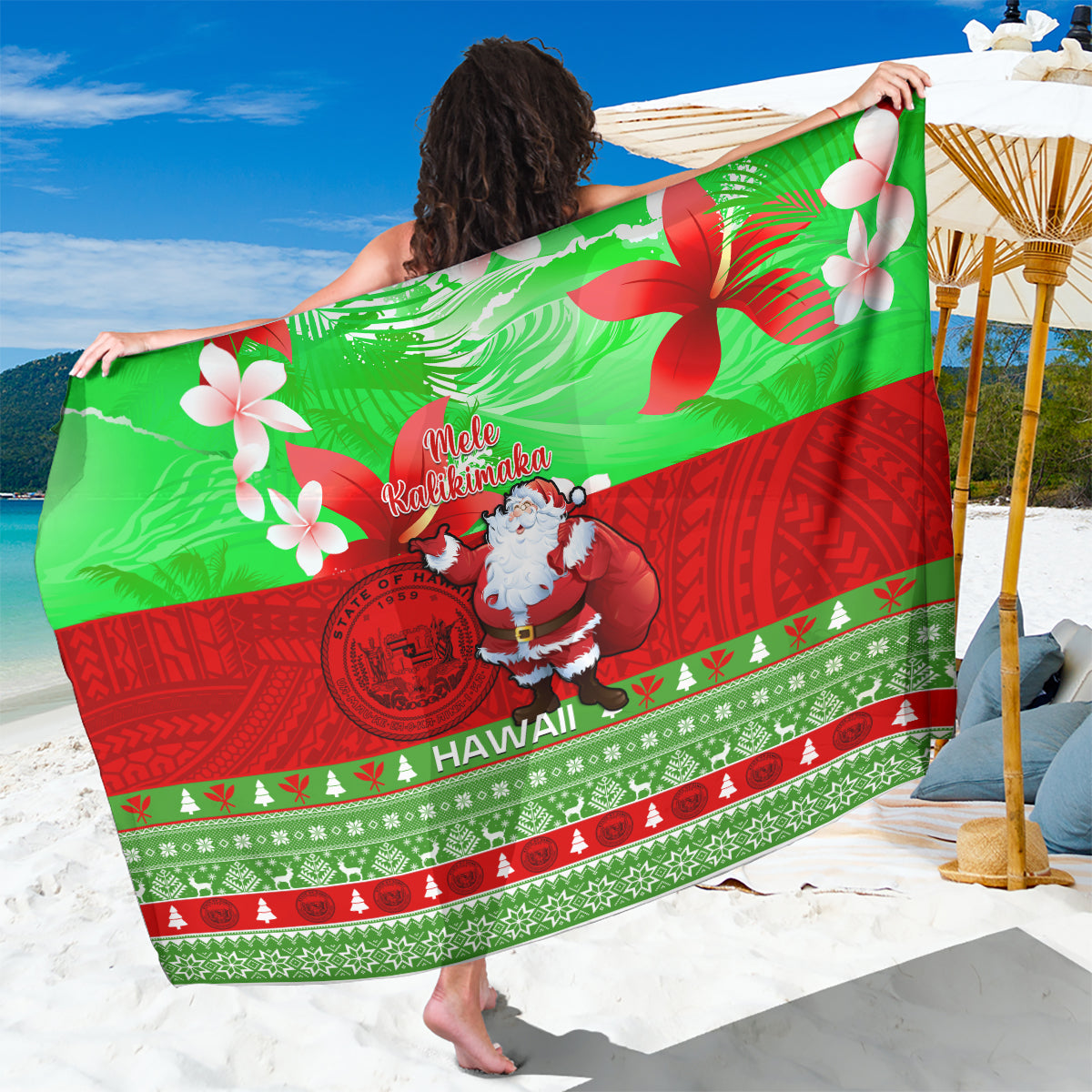 Personalised Hawaii Christmas Sarong Mele Kalikimaka Hawaiian Santa Tropical Vibes - Wonder Print Shop