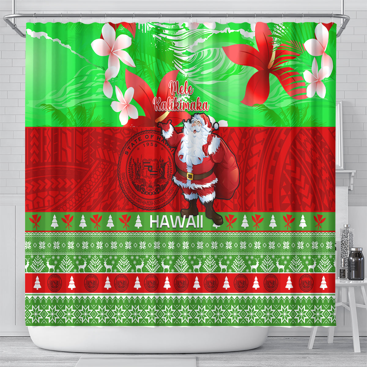 personalised-hawaii-christmas-shower-curtain-mele-kalikimaka-hawaiian-santa-tropical-vibes
