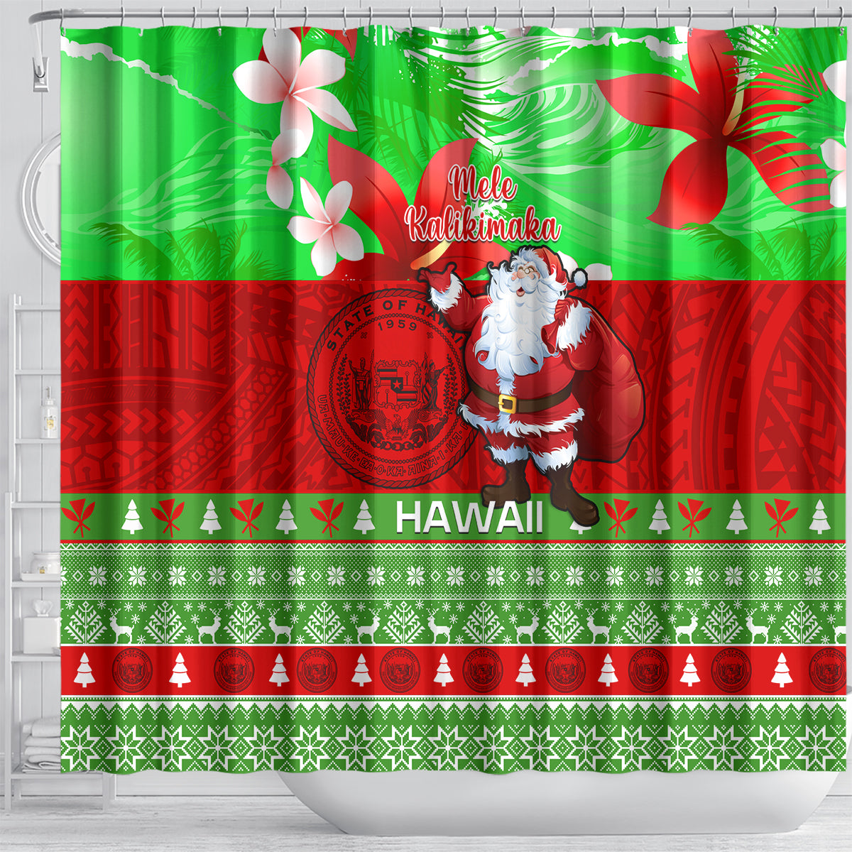 personalised-hawaii-christmas-shower-curtain-mele-kalikimaka-hawaiian-santa-tropical-vibes