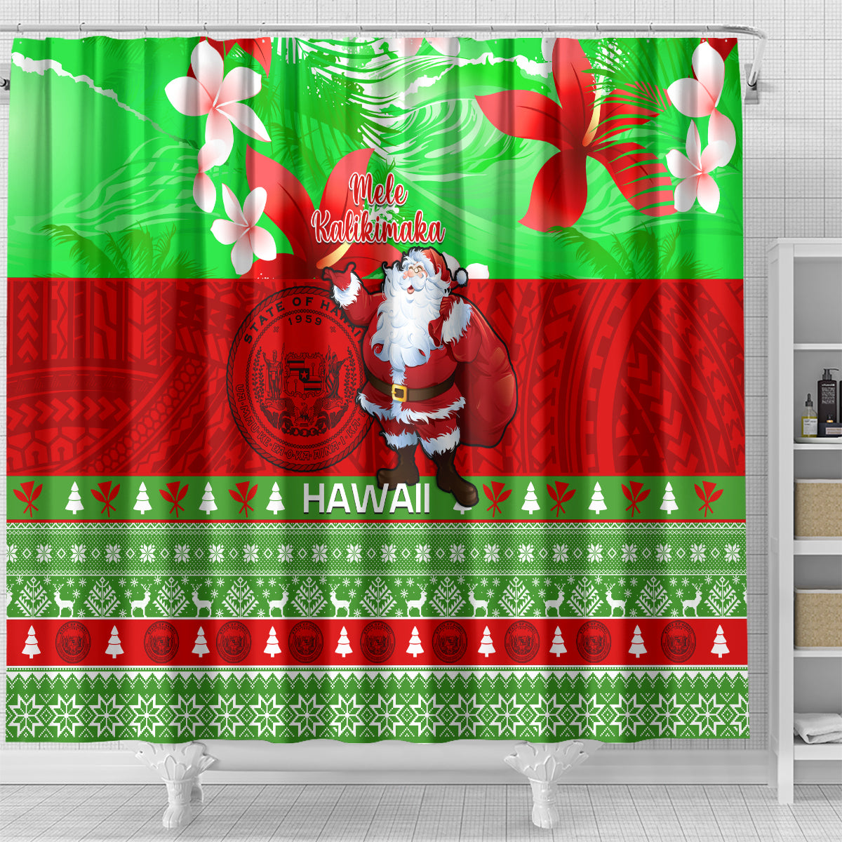 personalised-hawaii-christmas-shower-curtain-mele-kalikimaka-hawaiian-santa-tropical-vibes