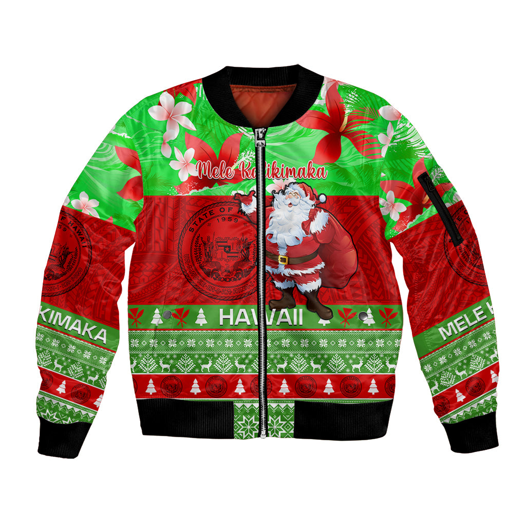 Personalised Hawaii Christmas Sleeve Zip Bomber Jacket Mele Kalikimaka Hawaiian Santa Tropical Vibes - Wonder Print Shop