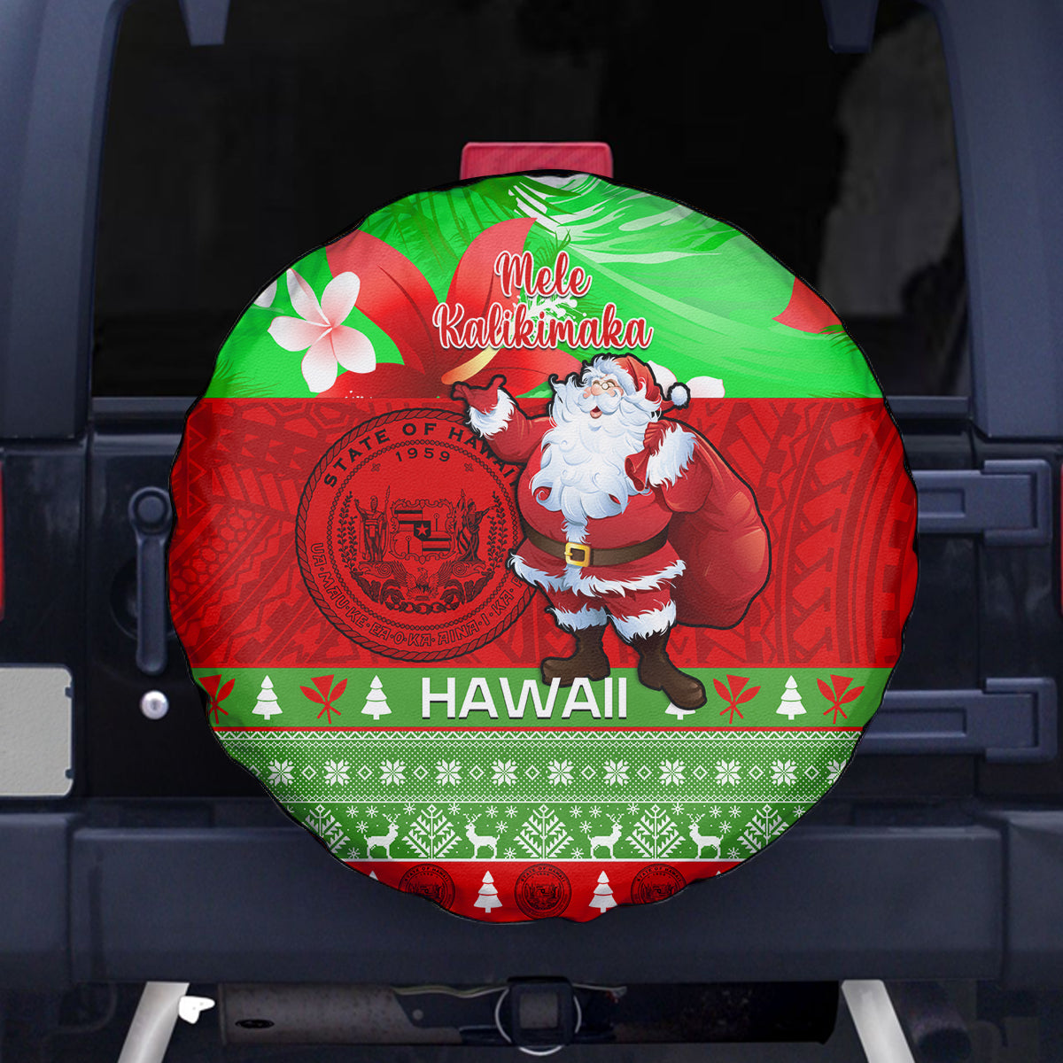 Personalised Hawaii Christmas Spare Tire Cover Mele Kalikimaka Hawaiian Santa Tropical Vibes - Wonder Print Shop