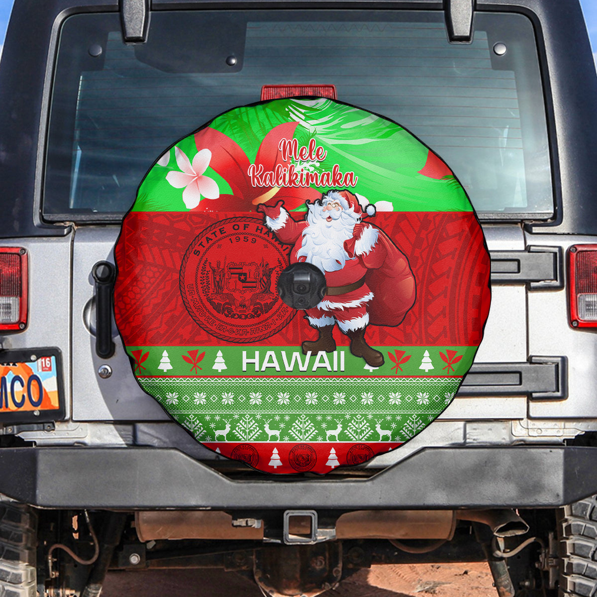 Personalised Hawaii Christmas Spare Tire Cover Mele Kalikimaka Hawaiian Santa Tropical Vibes - Wonder Print Shop