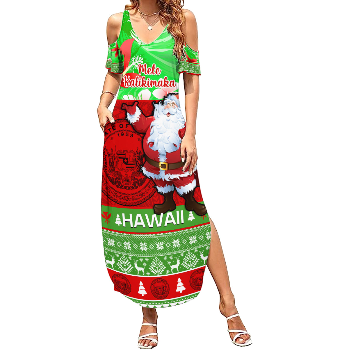 Personalised Hawaii Christmas Summer Maxi Dress Mele Kalikimaka Hawaiian Santa Tropical Vibes - Wonder Print Shop