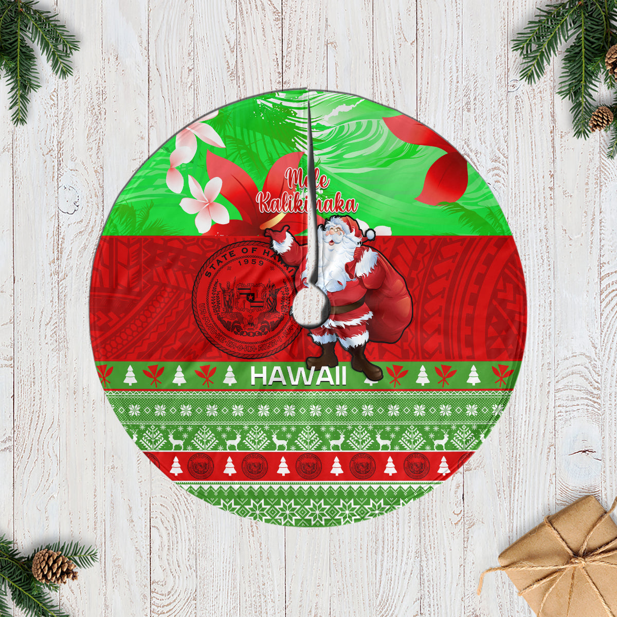 Hawaii Christmas Tree Skirt Mele Kalikimaka Hawaiian Santa Tropical Vibes - Wonder Print Shop