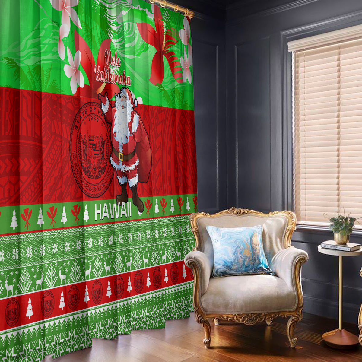 Personalised Hawaii Christmas Window Curtain Mele Kalikimaka Hawaiian Santa Tropical Vibes - Wonder Print Shop