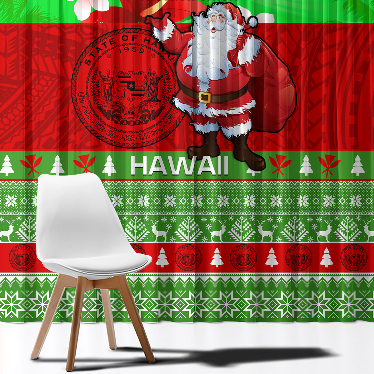 Personalised Hawaii Christmas Window Curtain Mele Kalikimaka Hawaiian Santa Tropical Vibes - Wonder Print Shop