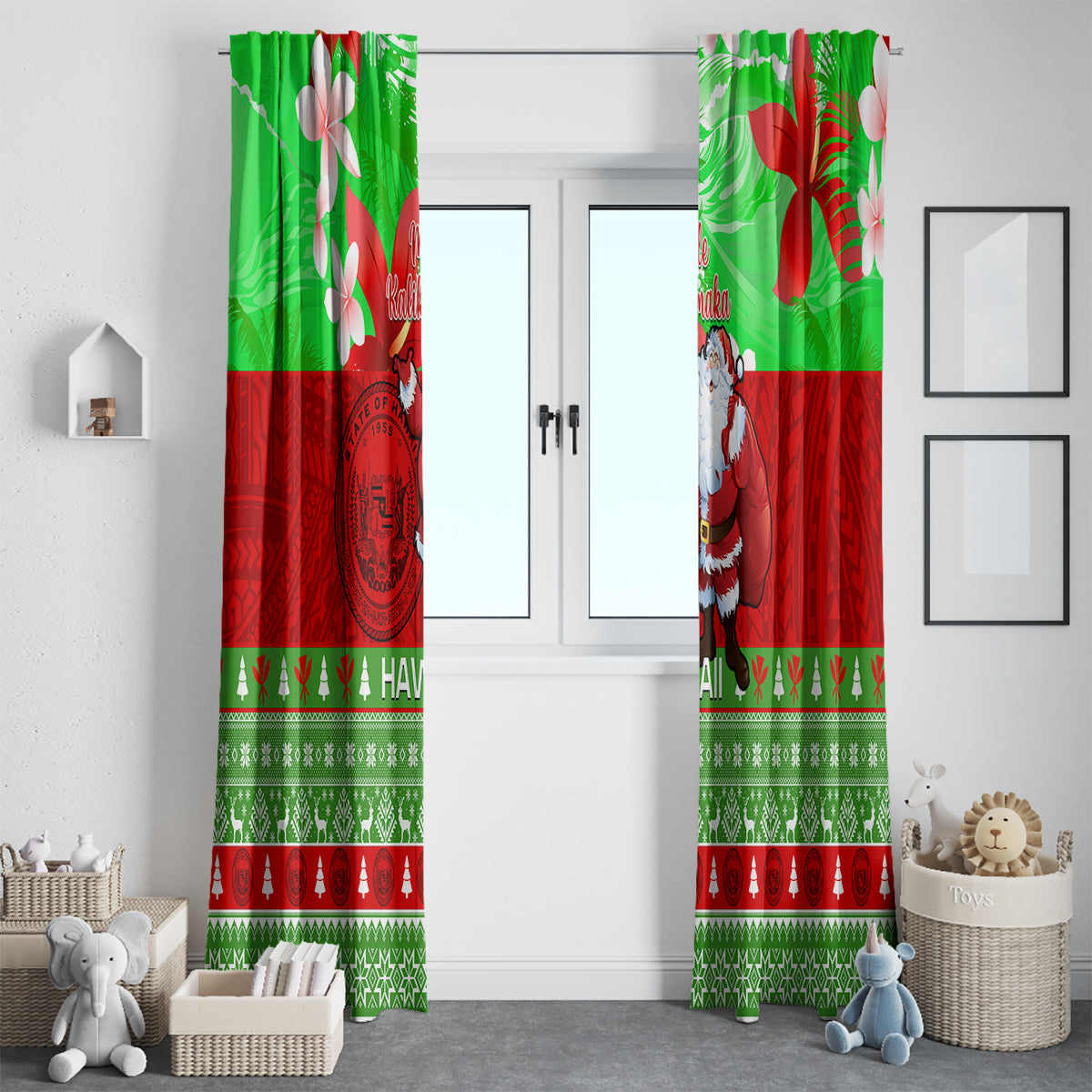 Personalised Hawaii Christmas Window Curtain Mele Kalikimaka Hawaiian Santa Tropical Vibes - Wonder Print Shop