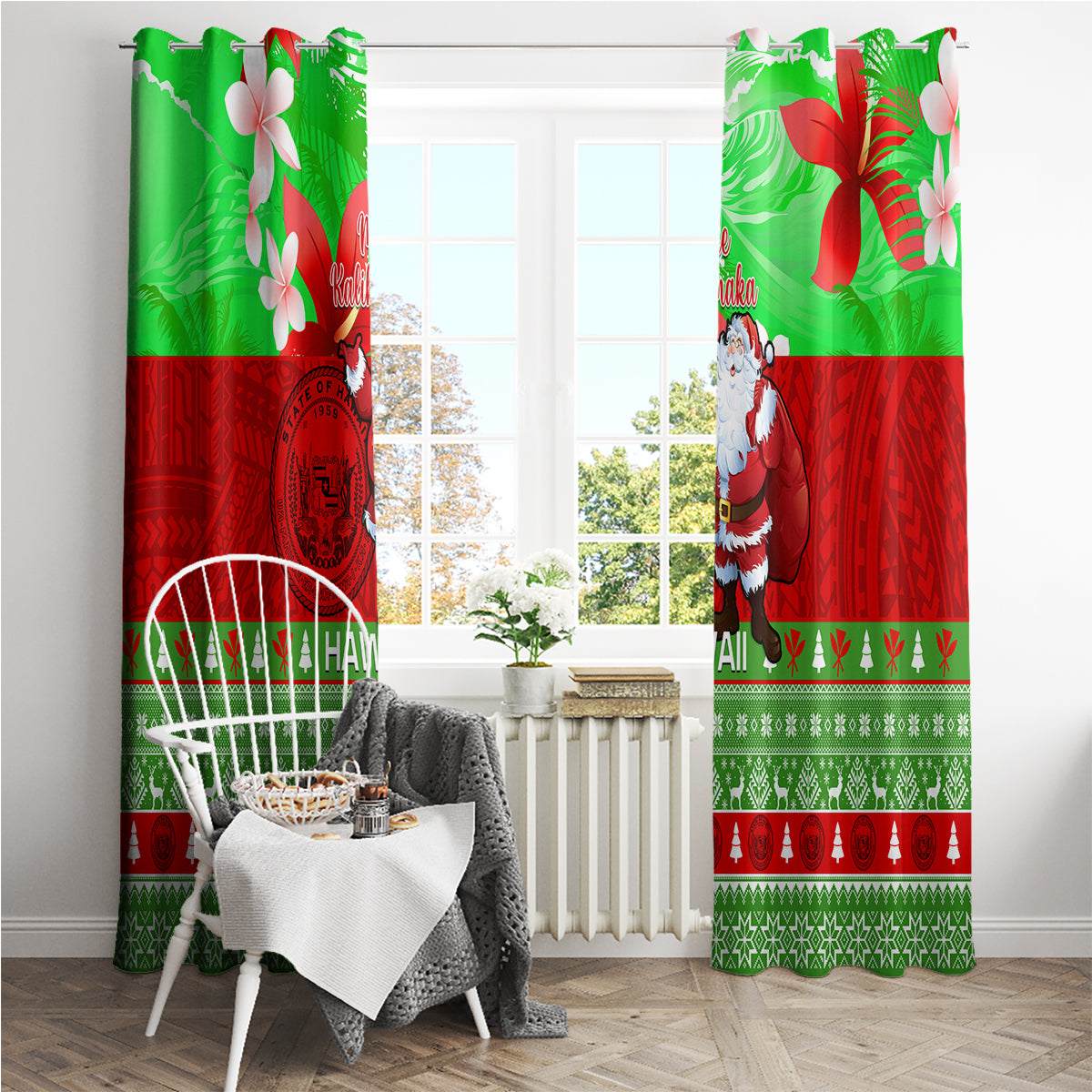 Personalised Hawaii Christmas Window Curtain Mele Kalikimaka Hawaiian Santa Tropical Vibes - Wonder Print Shop