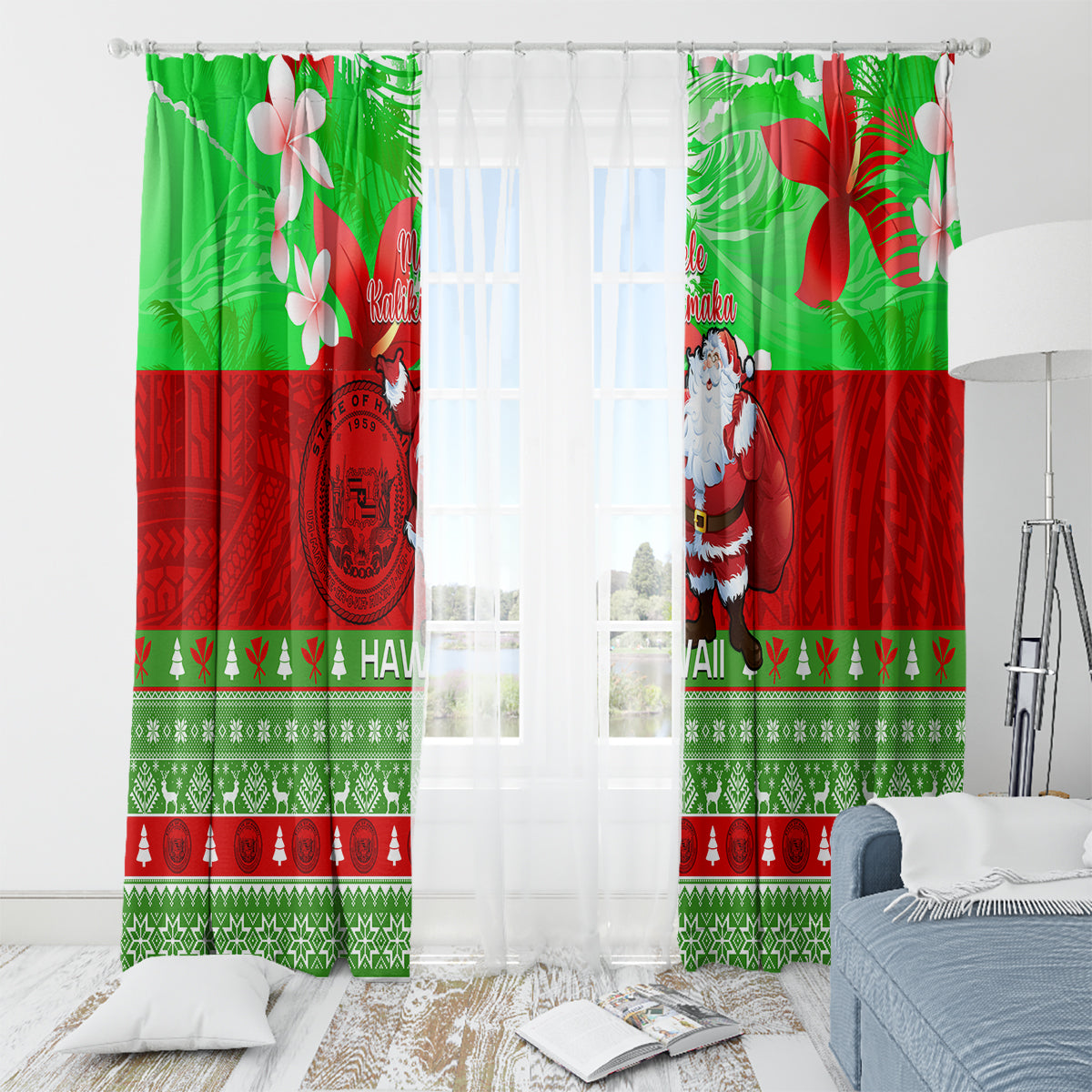 Personalised Hawaii Christmas Window Curtain Mele Kalikimaka Hawaiian Santa Tropical Vibes - Wonder Print Shop