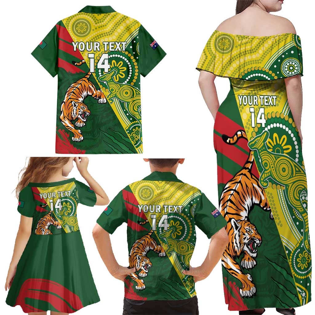 Custom Bangladesh And Australia Cricket Family Matching Off Shoulder Maxi Dress and Hawaiian Shirt Kangaroo Tiger Together - Wonder Print Shop