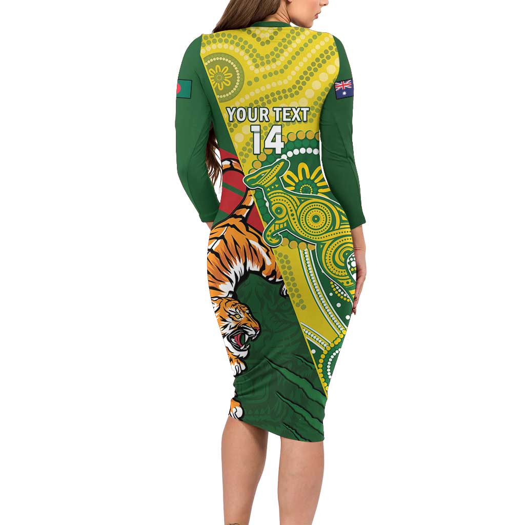 Custom Bangladesh And Australia Cricket Long Sleeve Bodycon Dress Kangaroo Tiger Together - Wonder Print Shop