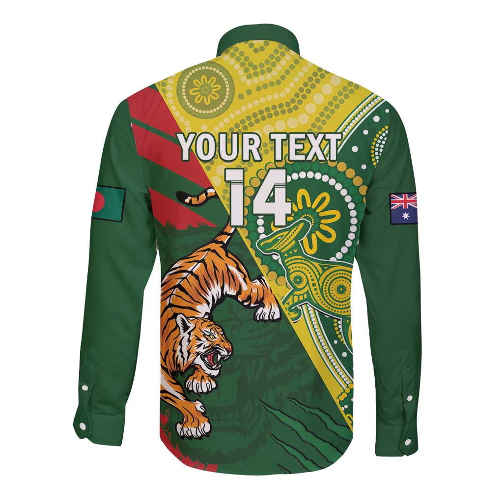 Custom Bangladesh And Australia Cricket Long Sleeve Button Shirt Kangaroo Tiger Together - Wonder Print Shop