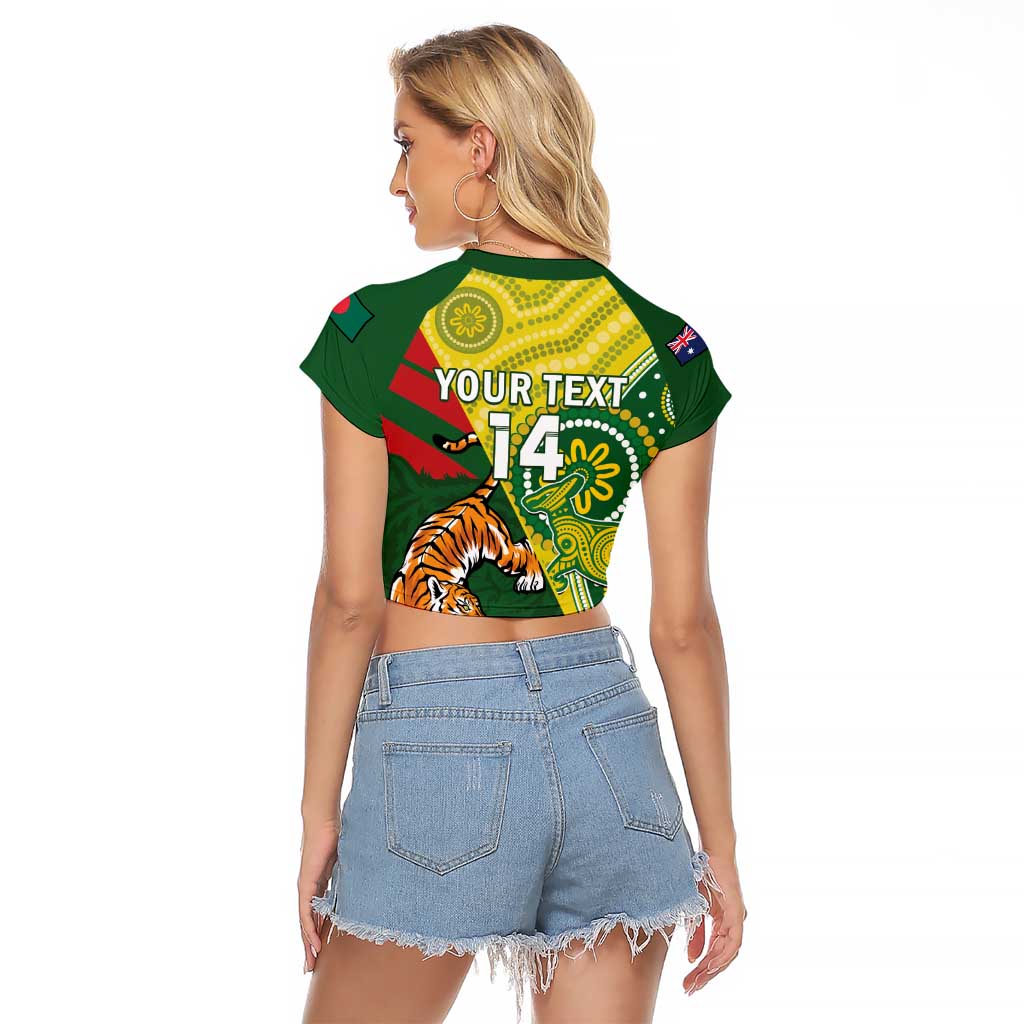 Custom Bangladesh And Australia Cricket Raglan Cropped T Shirt Kangaroo Tiger Together - Wonder Print Shop