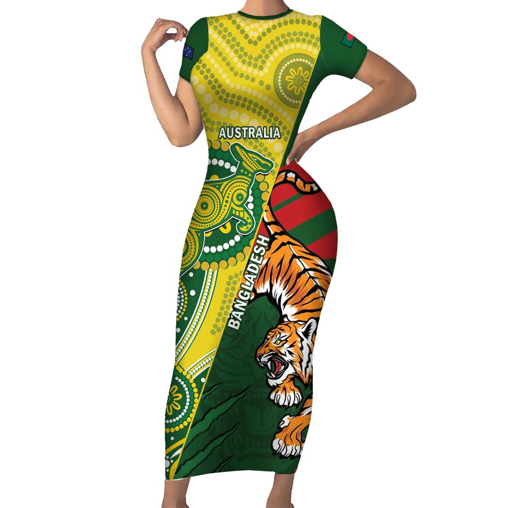 Custom Bangladesh And Australia Cricket Short Sleeve Bodycon Dress Kangaroo Tiger Together - Wonder Print Shop