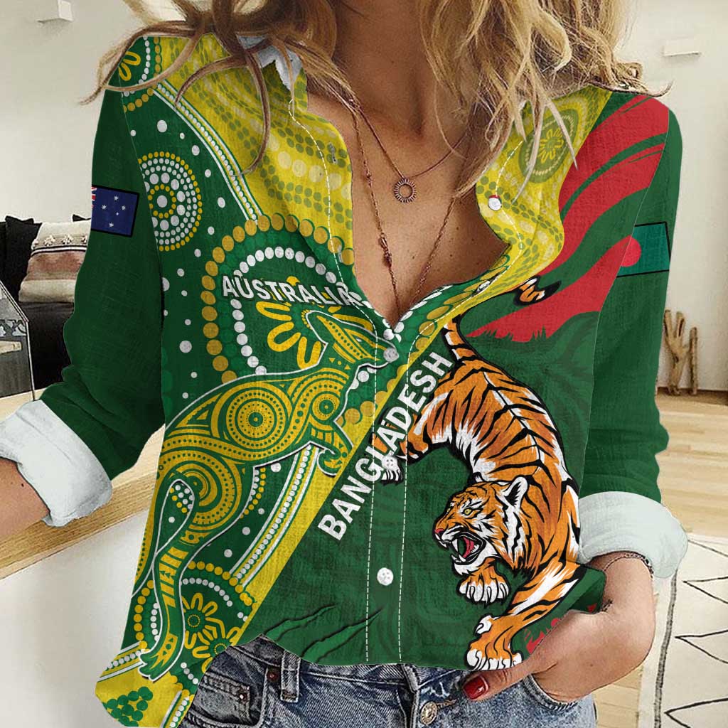 Custom Bangladesh And Australia Cricket Women Casual Shirt Kangaroo Tiger Together - Wonder Print Shop