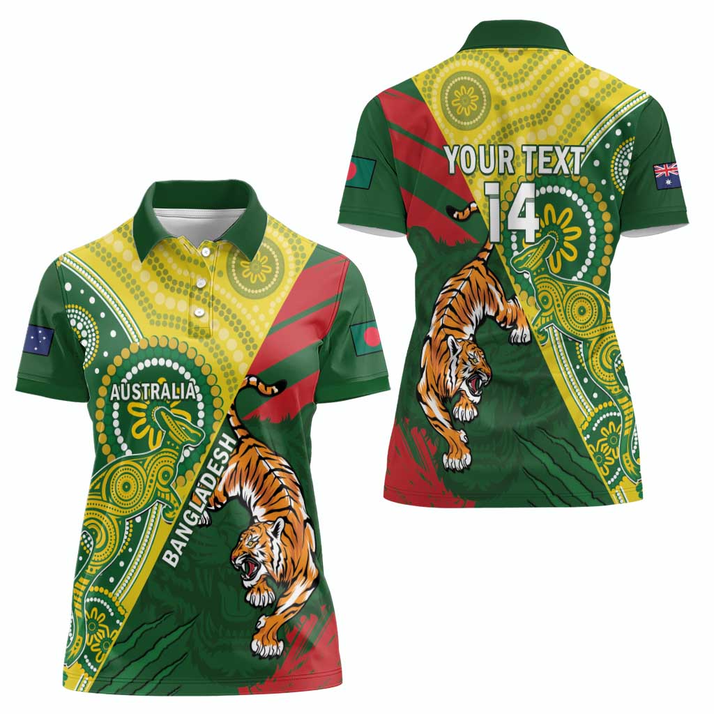 Custom Bangladesh And Australia Cricket Women Polo Shirt Kangaroo Tiger Together - Wonder Print Shop