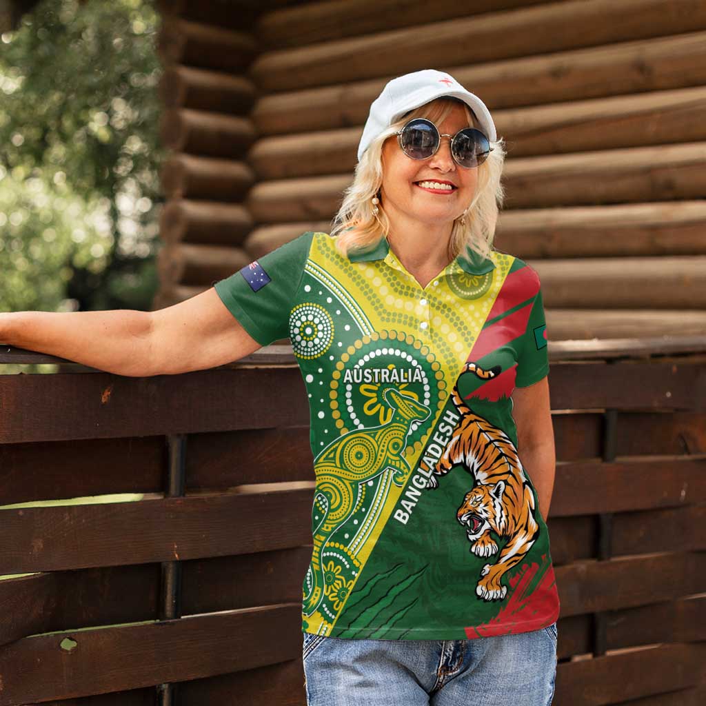 Custom Bangladesh And Australia Cricket Women Polo Shirt Kangaroo Tiger Together - Wonder Print Shop