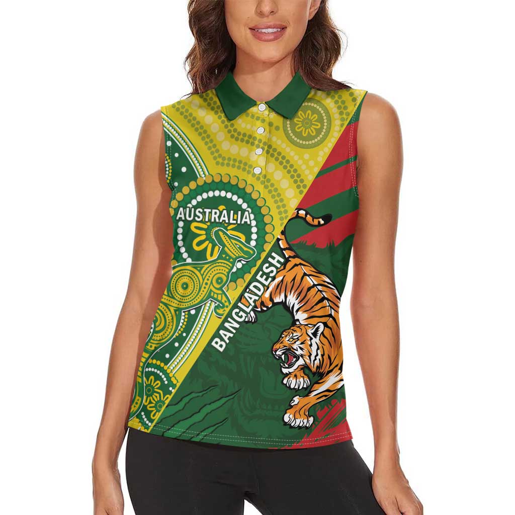 Custom Bangladesh And Australia Cricket Women Sleeveless Polo Shirt Kangaroo Tiger Together - Wonder Print Shop