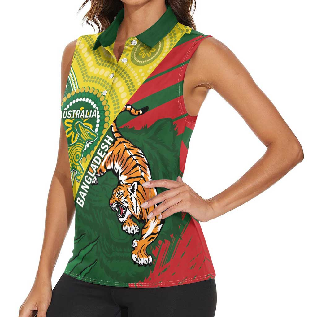 Custom Bangladesh And Australia Cricket Women Sleeveless Polo Shirt Kangaroo Tiger Together - Wonder Print Shop