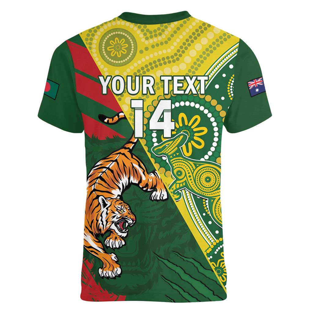 Custom Bangladesh And Australia Cricket Women V-Neck T-Shirt Kangaroo Tiger Together - Wonder Print Shop