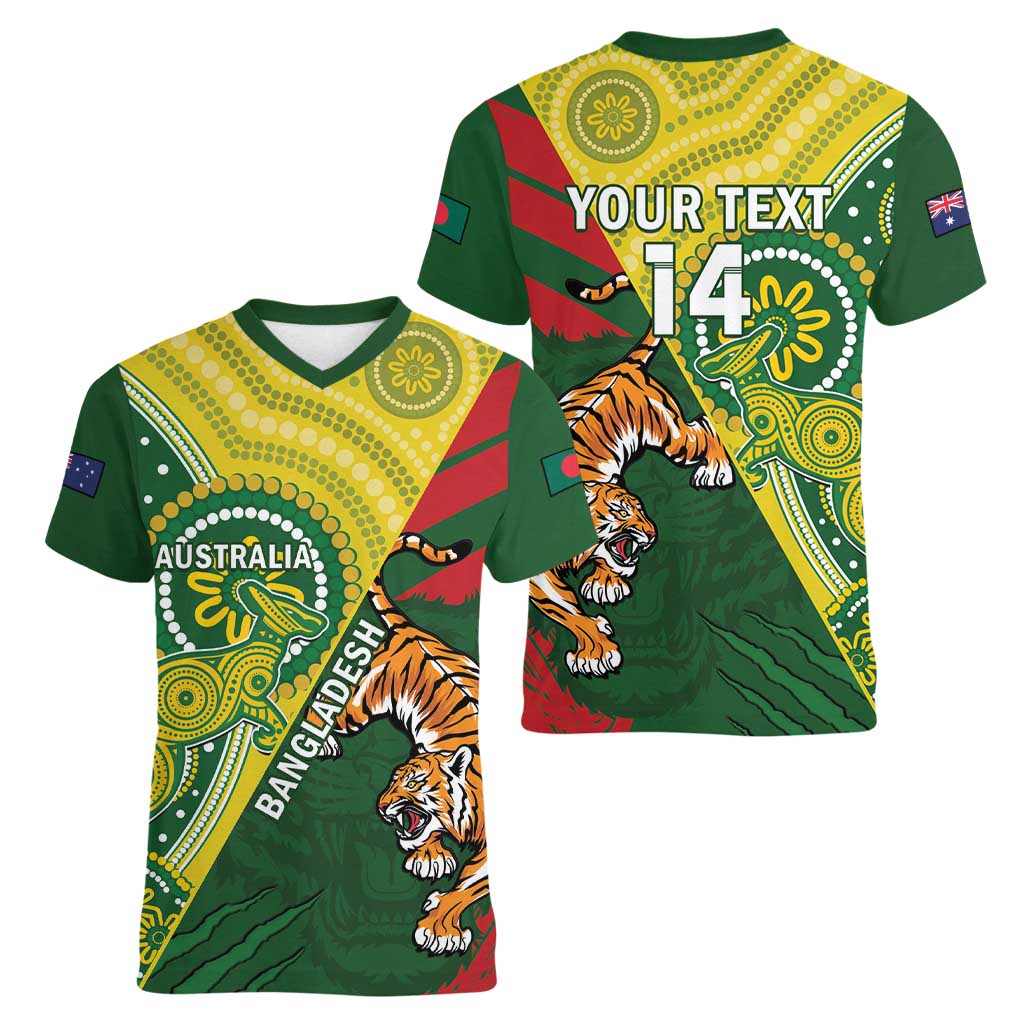 Custom Bangladesh And Australia Cricket Women V-Neck T-Shirt Kangaroo Tiger Together - Wonder Print Shop