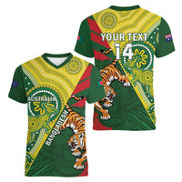 Custom Bangladesh And Australia Cricket Women V-Neck T-Shirt Kangaroo Tiger Together - Wonder Print Shop
