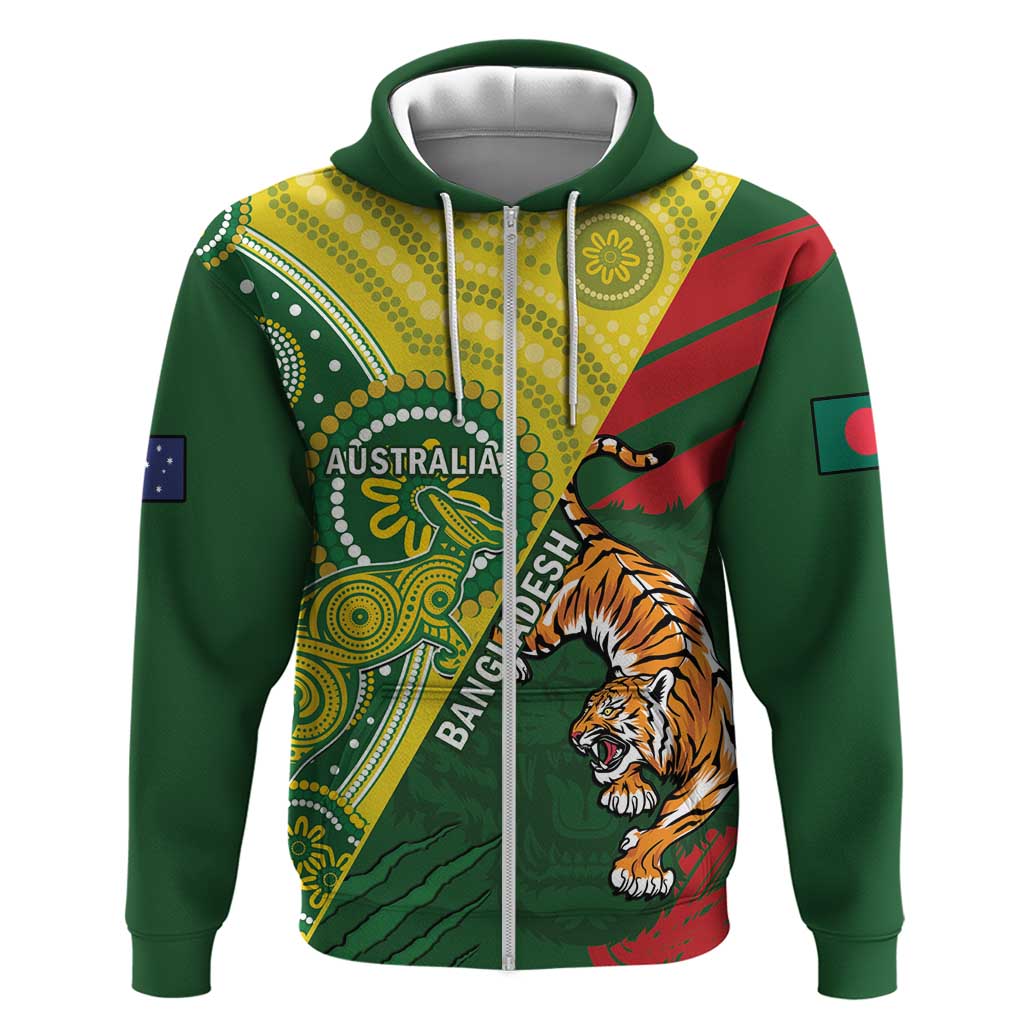 Custom Bangladesh And Australia Cricket Zip Hoodie Kangaroo Tiger Together - Wonder Print Shop