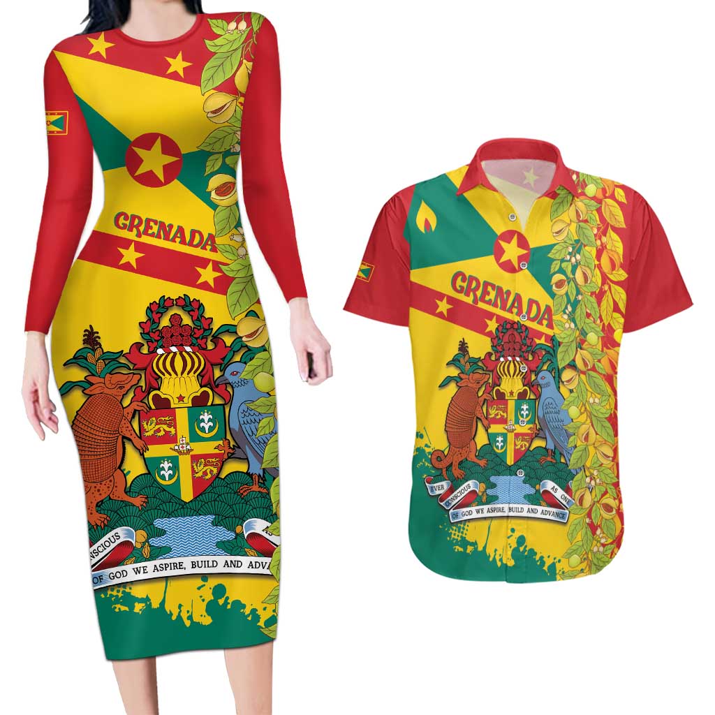 Grenada Couples Matching Long Sleeve Bodycon Dress and Hawaiian Shirt Gwenad Nutmeg Island of Spice - Wonder Print Shop