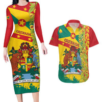 Grenada Couples Matching Long Sleeve Bodycon Dress and Hawaiian Shirt Gwenad Nutmeg Island of Spice - Wonder Print Shop