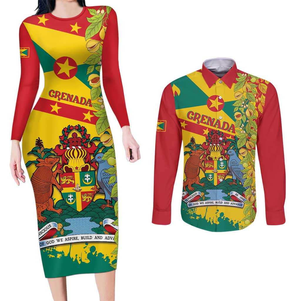 Grenada Couples Matching Long Sleeve Bodycon Dress and Long Sleeve Button Shirt Gwenad Nutmeg Island of Spice - Wonder Print Shop