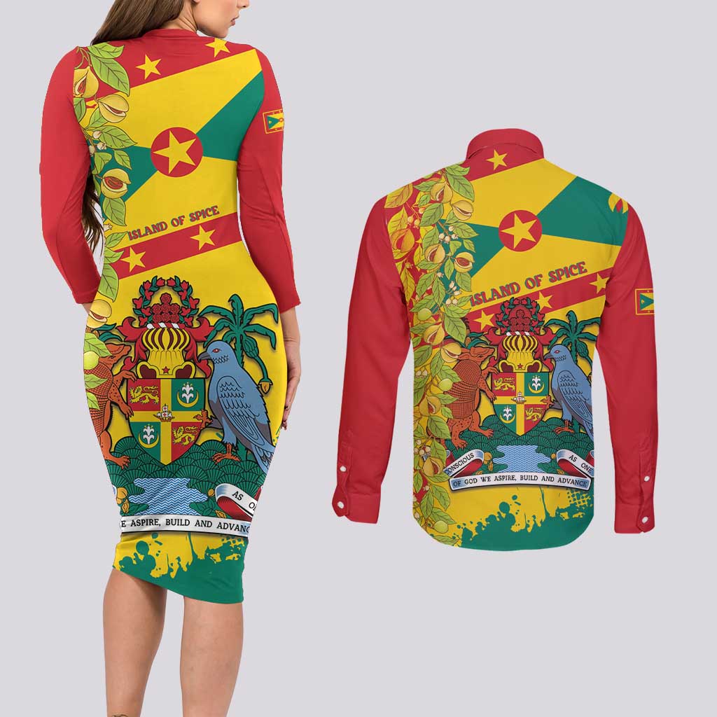 Grenada Couples Matching Long Sleeve Bodycon Dress and Long Sleeve Button Shirt Gwenad Nutmeg Island of Spice - Wonder Print Shop