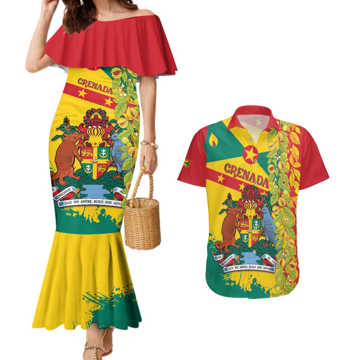 Grenada Couples Matching Mermaid Dress and Hawaiian Shirt Gwenad Nutmeg Island of Spice - Wonder Print Shop