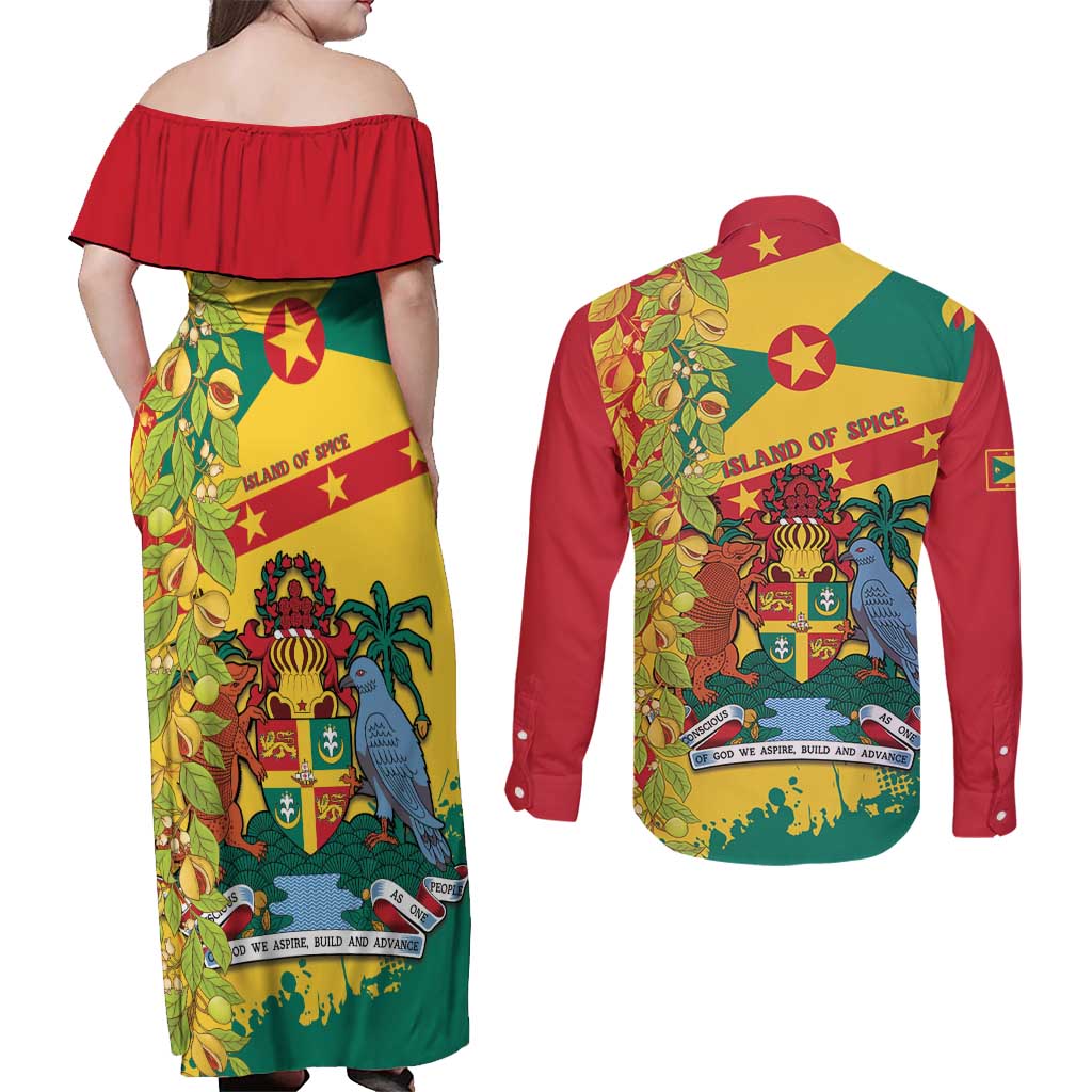 Grenada Couples Matching Off Shoulder Maxi Dress and Long Sleeve Button Shirt Gwenad Nutmeg Island of Spice - Wonder Print Shop