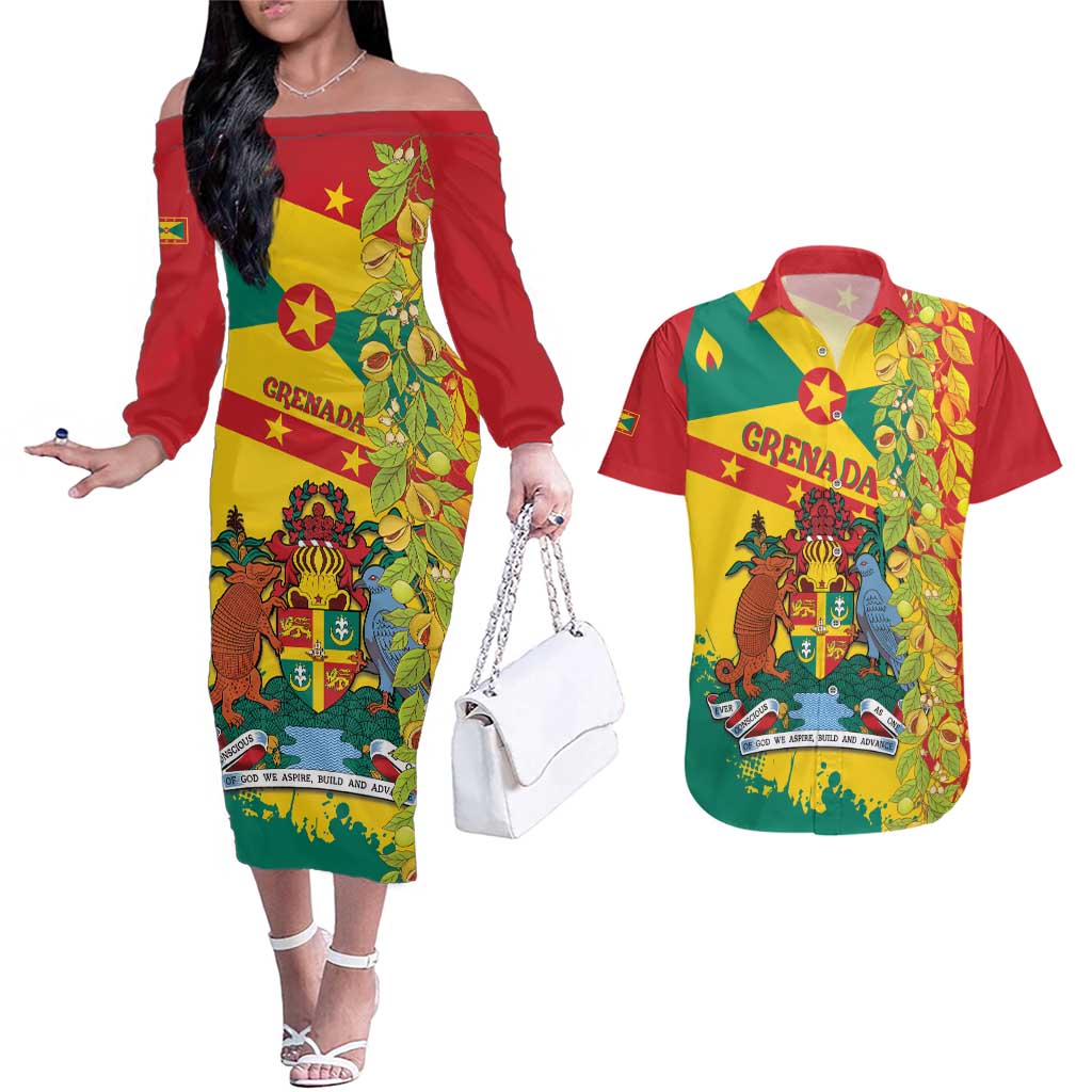 Grenada Couples Matching Off The Shoulder Long Sleeve Dress and Hawaiian Shirt Gwenad Nutmeg Island of Spice - Wonder Print Shop