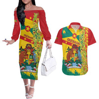 Grenada Couples Matching Off The Shoulder Long Sleeve Dress and Hawaiian Shirt Gwenad Nutmeg Island of Spice - Wonder Print Shop