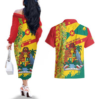 Grenada Couples Matching Off The Shoulder Long Sleeve Dress and Hawaiian Shirt Gwenad Nutmeg Island of Spice - Wonder Print Shop