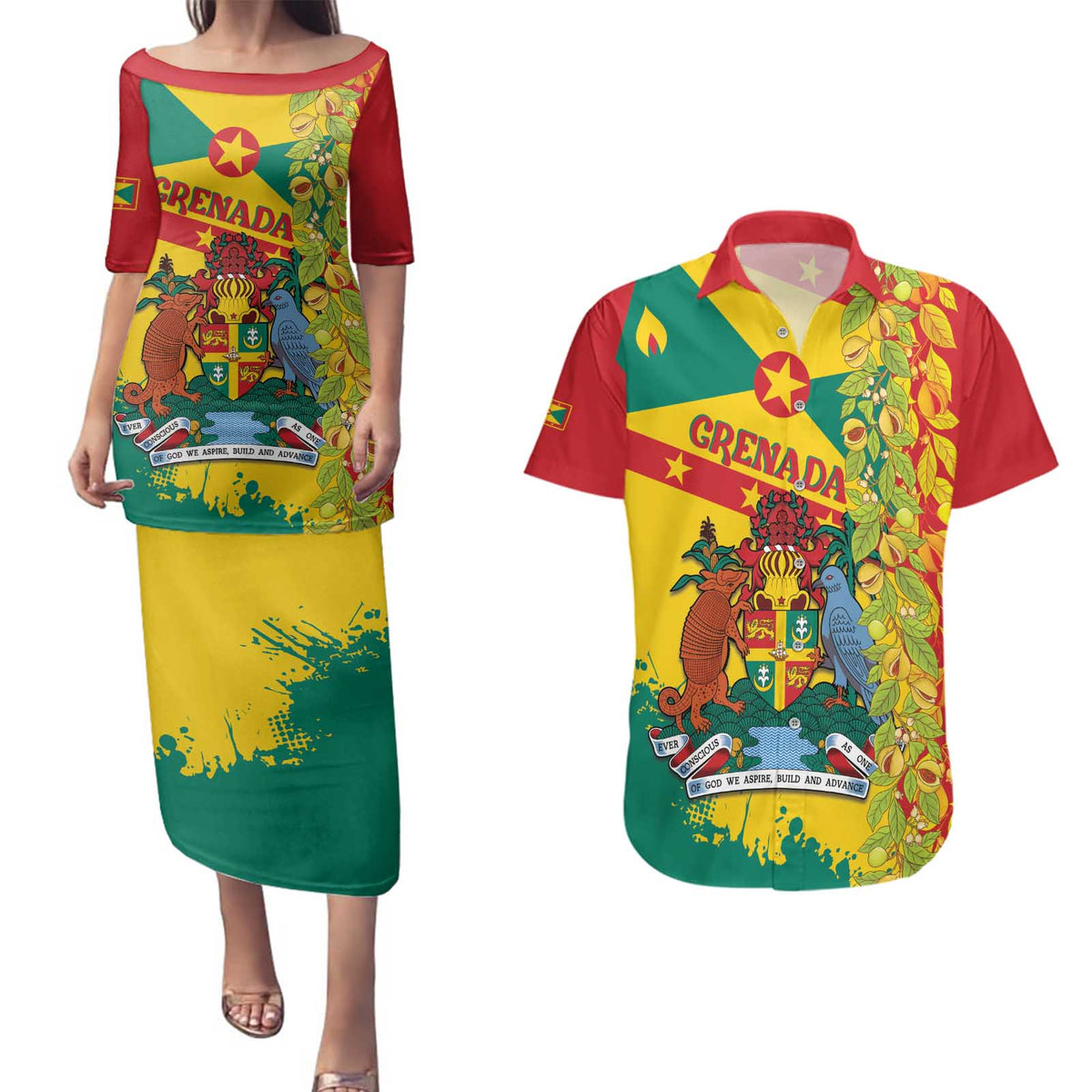 Grenada Couples Matching Puletasi and Hawaiian Shirt Gwenad Nutmeg Island of Spice - Wonder Print Shop