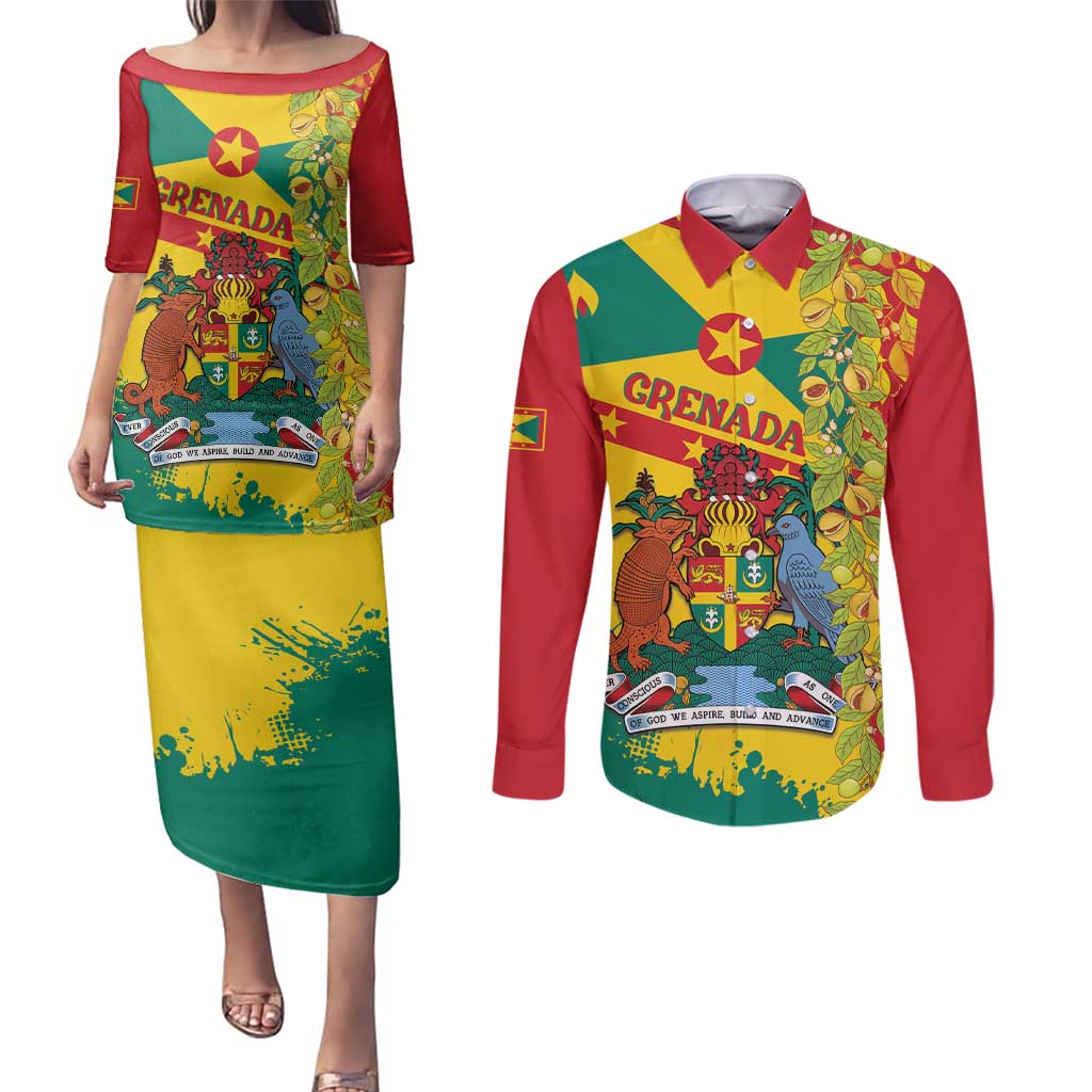 Grenada Couples Matching Puletasi and Long Sleeve Button Shirt Gwenad Nutmeg Island of Spice - Wonder Print Shop