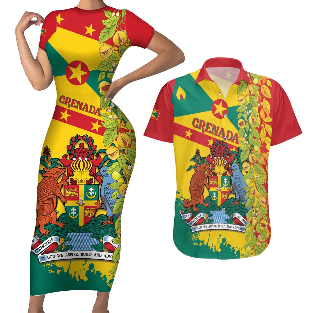 Grenada Couples Matching Short Sleeve Bodycon Dress and Hawaiian Shirt Gwenad Nutmeg Island of Spice - Wonder Print Shop