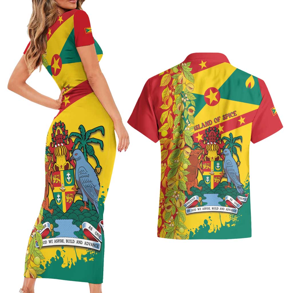 Grenada Couples Matching Short Sleeve Bodycon Dress and Hawaiian Shirt Gwenad Nutmeg Island of Spice - Wonder Print Shop