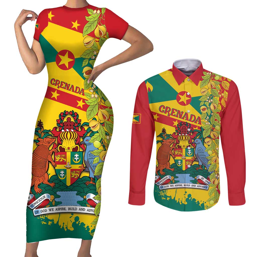 Grenada Couples Matching Short Sleeve Bodycon Dress and Long Sleeve Button Shirt Gwenad Nutmeg Island of Spice - Wonder Print Shop