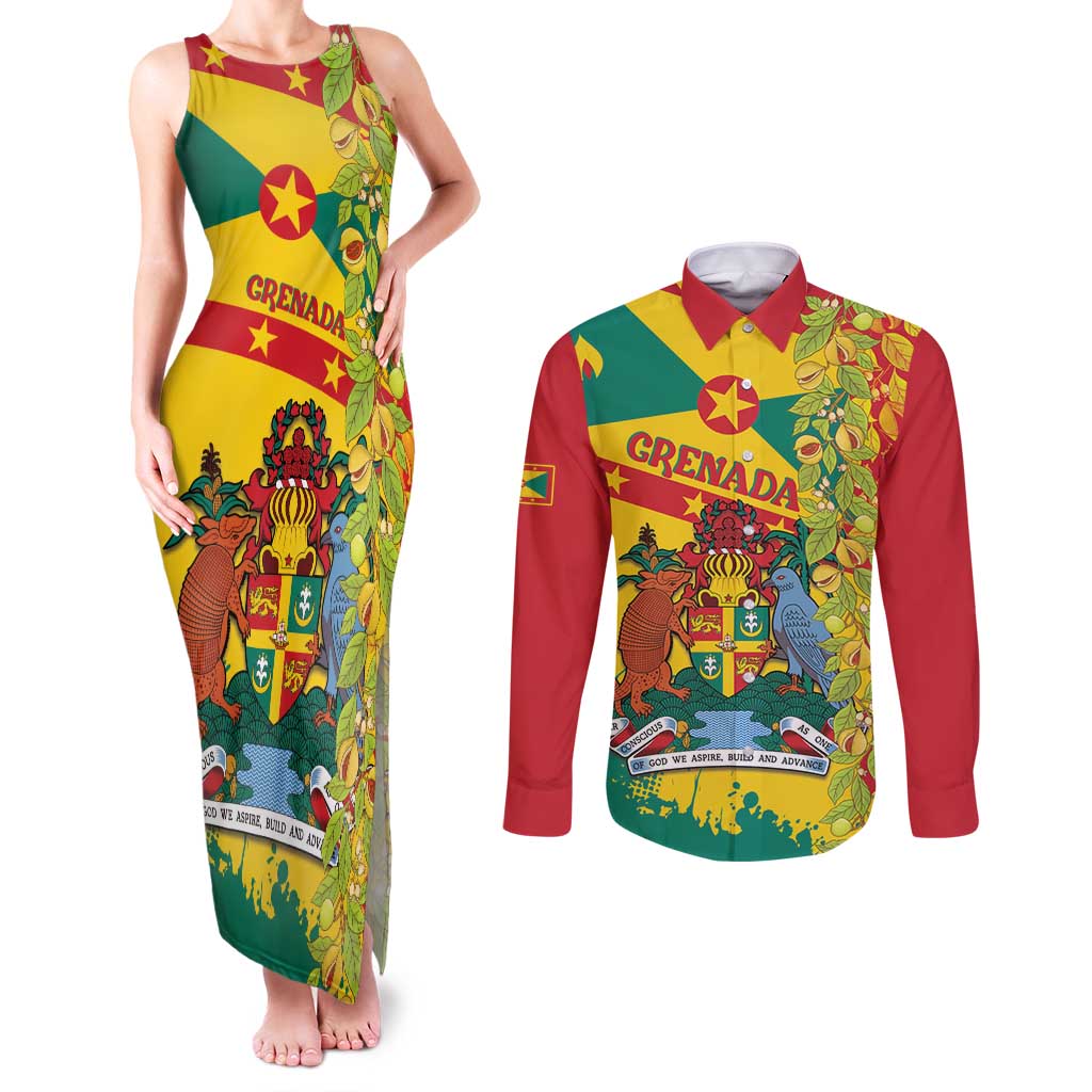 Grenada Couples Matching Tank Maxi Dress and Long Sleeve Button Shirt Gwenad Nutmeg Island of Spice - Wonder Print Shop